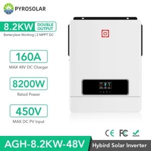 PYROSOLAR 8KW 8.2KW Hybrid Solar Inverter Pure Sine Wave 220VAC 48VDC Input 160A 2MPPT Solar Charger 2 AC Output