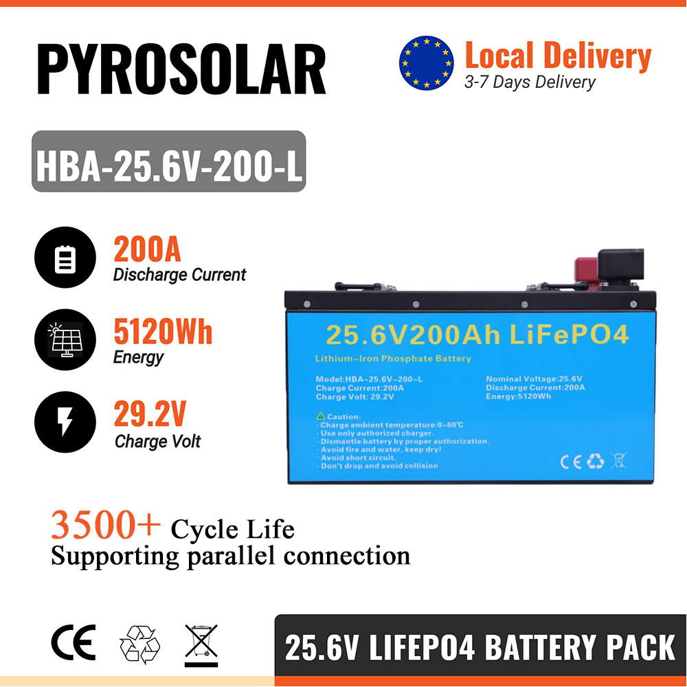 PYROSOLAR LiFePO4 Battery Pack 25.6V 200AH Grade A Batterry Lithium Battery For Solar Inverter Solar System Deep Cycle Solar Storage Battery