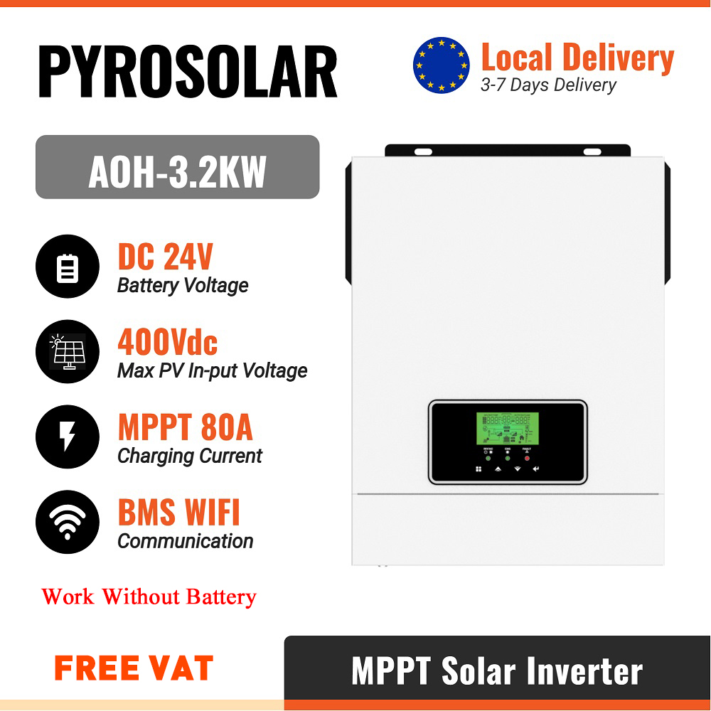 PYROSOLAR 3KW 3.2KVA Solar Inverter Pure Sine Wave Hybrid 24V 220V Off-grid Inverter Built-in MPPT 80A Solar Charge With WiFi