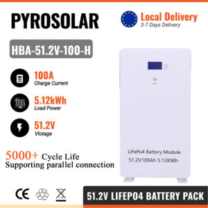 PYROSOLAR 48V 100Ah 51.2V LiFePO4 Battery Pack Lithium Iron Phosphate Battery Charger 5.12kWh For Solar Van Life Power Off
