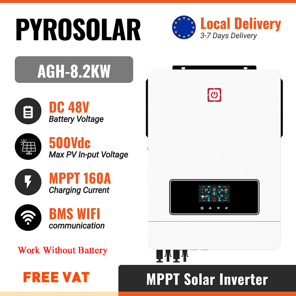 PYROSOLAR 8.2KW Hybrid Solar Inverter On Off Grid 48V 220V 500VDC Built-in Dual 160A MPPT with BMS Pure Sine Wave Solar Charge