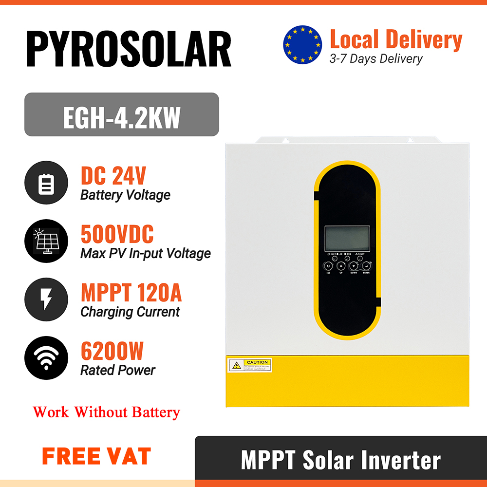 PYROSOLAR 4.2KW 6200W Hybrid Solar Inverter MPPT 24V 230Vac Pure Sine Wave 120A Charge Controller No Battery Work for Home