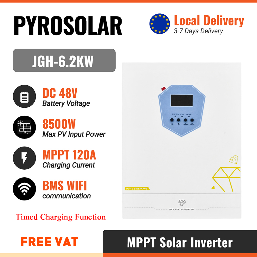 PYROSOLAR 6.2KW Hybrid Solar Inverter 48V 220VAC PV8500W Hybrid Inverter Pure Sine Wave 120A MPPT Timed Charging Function